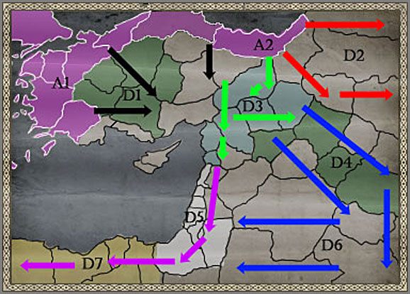 Zalecane Ruchy wojsk opisane w Akcie I, zaznaczone są czarnymi strzałkami - Królestwo Bizancjum - Ekspansja - CRUSADES - Medieval II: Total War - Królestwa - poradnik do gry