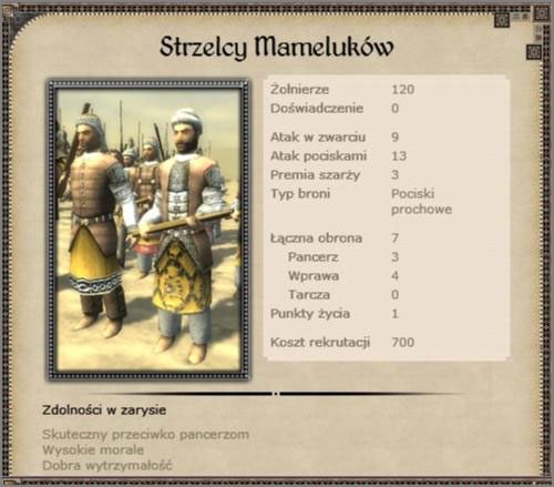Typowa formacja z bronią palną, skuteczna w wzbudzaniu paniki we wrogich szeregach, w ostateczności potrafi sobie radzić podczas walki wręcz - Egipt - Armia (1) - CRUSADES - Medieval II: Total War - Królestwa - poradnik do gry