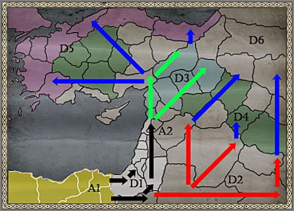 Zalecane Ruchy wojsk opisane w Akcie I, zaznaczone są czarnymi strzałkami - Egipt - Ekspansja - CRUSADES - Medieval II: Total War - Królestwa - poradnik do gry