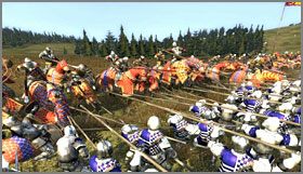Wroga Ciężka konnica rozpoczyna szarżę, przy pierwszym zetknięciu się z linią pik, zaczyna się Chaos - Szkocja - Armia (2) - BRITANNIA - Medieval II: Total War - Królestwa - poradnik do gry