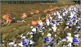 Z pozoru wygląda jak by szyk pikinierów się załamywał pod masą ciężkiej konnicy, lecz na polu walki pozostają polegli wyłącznie rycerze konni, oraz w oddali ich uciekający towarzysze - Szkocja - Armia (2) - BRITANNIA - Medieval II: Total War - Królestwa - poradnik do gry