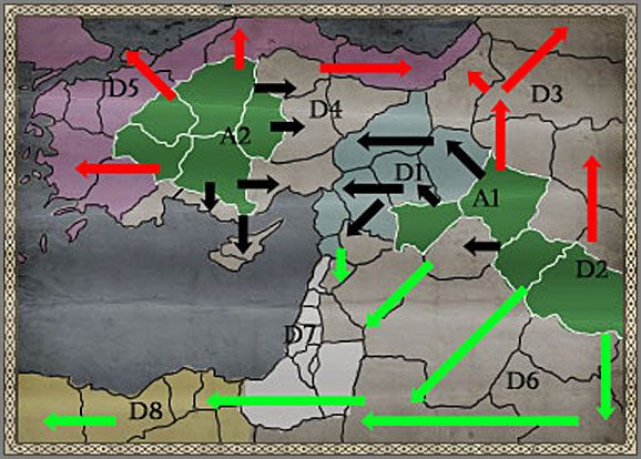 Zalecane Ruchy wojsk opisane w Akcie I, zaznaczone są czarnymi strzałkami - Turcja - Ekspansja - CRUSADES - Medieval II: Total War - Królestwa - poradnik do gry