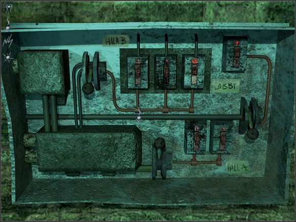 Teraz udaj się do piwnicy i włącz zasilanie w holu (jak na powyższym screenie) - Opis przejścia cz.8 | Ghost in the Sheet - Ghost in the Sheet - poradnik do gry