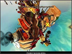 Podczas gdy dziewczyna wystrzeliwuje race, Ty ponownie wgramol się wyżej i przeskocz ziejącą czeluść, czyli daj susa w prawo na żółty element rozlatującego się balonu (naprawdę trudno powiedzieć, co to jest, najbardziej przypomina mi stopień) - Rozdział XIII - Ostatnia reduta - Jack Keane - poradnik do gry