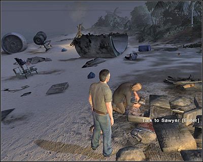 Kiedy uznasz, że jesteś gotowy, zacznij kierować się w stronę większego ogniska, widocznego na wprost od przesmyku, z którego skorzystałeś w celu dotarcia do tej części plaży - 1x01 - Force Majeure cz.4 | Lost Zagubieni - Lost: Zagubieni - poradnik do gry