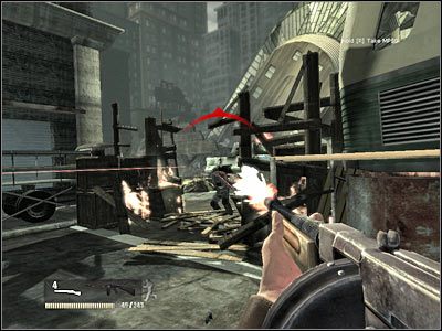 W celu zaliczenia tego etapu musisz jedynie zbliżyć się do zniszczonej barykady, a konkretnie wrogiego czołgu, który się tu pojawił - Poziom drugi (cz.4) | Akt 1 - Nowy Jork | Turning Point: Fall of Liberty - Turning Point: Fall of Liberty - poradnik do gry