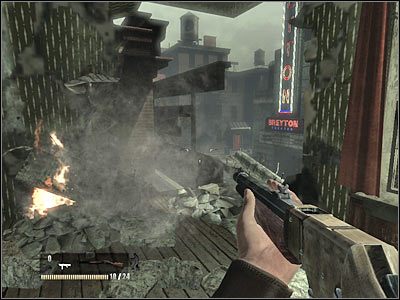 Ponownie sprawdź dachy przeciwległych budynków, eliminując snajperów, którzy mogli się tam w międzyczasie pojawić - Poziom pierwszy (cz.1) | Akt 2 - Waszyngton | Turning Point: Fall of Liberty - Turning Point: Fall of Liberty - poradnik do gry