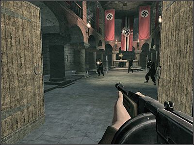 Kilku wrogów możesz też skrywać się na znajdujących się nad Tobą balkonikach (screen) - Poziom pierwszy (cz.3) | Akt 3 - Londyn | Turning Point: Fall of Liberty - Turning Point: Fall of Liberty - poradnik do gry