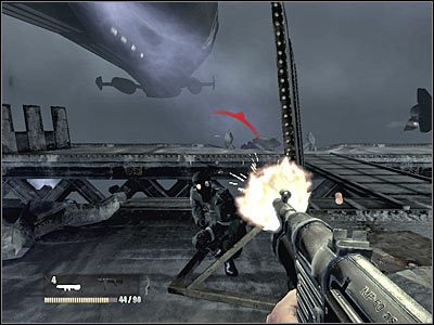 Przejdź teraz na prawą platformę, korzystając z ukazanej na screenie kładki - Poziom drugi (cz.6) | Akt 3 - Londyn | Turning Point: Fall of Liberty - Turning Point: Fall of Liberty - poradnik do gry