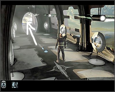 Po dotarciu do nowej sekcji kompleksu zignoruj znajdujące się w górnej części ekranu drzwi, gdyż nie będziesz ich mógł teraz otworzyć - Poradnik do gry - Rozdział 1 - Apartamenty (cz.1) - Perry Rhodan: Dziedzictwo Przeszłości - poradnik do gry