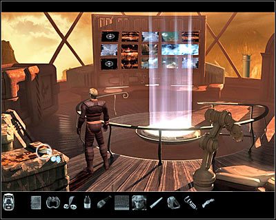 Teraz idź w stronę widocznych w górnej części ekranu monitorów, klikając na zaznaczonym na screenie metalowym obiekcie - Rozdział 3 - Muzeum (cz.8) | Perry Rhodan Dziedzictwo Przeszłości - Perry Rhodan: Dziedzictwo Przeszłości - poradnik do gry