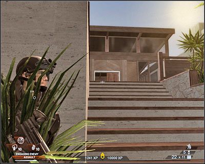 Postaraj się z tego miejsca zlikwidować widocznych w oddali wrogów (screen), nawet kosztem chwilowego opuszczenia zasłony - Teren wokół posiadłości (cz.2) | Akt 7 - Posiadłość | Rainbow Six Vegas 2 - Tom Clancys Rainbow Six Vegas 2 - poradnik do gry