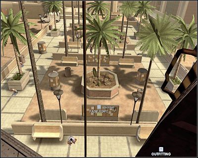 Gdy tylko znajdziesz się na ziemi, rozkaż członkom swojej drużyny skierowanie się do przedstawionej na screenie najbliższej zasłony - Ośrodek sportowy (cz.1) | Akt 3 - Centrum rekreacyjne | Rainbow Six Vegas 2 - Tom Clancys Rainbow Six Vegas 2 - poradnik do gry