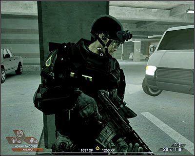 Zanim spróbujesz przesunąć się dalej, musisz KONIECZNIE załatwić pokazanego na screenie operatora stanowiska maszynowego - Podziemny parking (cz.2) | Akt 2 - Stara część Vegas | Rainbow Six Vegas 2 - Tom Clancys Rainbow Six Vegas 2 - poradnik do gry