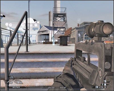 Kolejny snajper kryje się w budynku znajdującym się za rogiem, a konkretnie - po jego prawej stronie - Zasadzka (cz.1) | Akt 1 - Pireneje | Tom Clancys Rainbow Six Vegas 2 - Tom Clancys Rainbow Six Vegas 2 - poradnik do gry