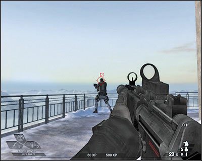 Przyklej się do ściany po prawej i spróbuj na chwilkę się wychylić - Negocjacje (cz.3) | Akt 1 - Pireneje | Tom Clancys Rainbow Six Vegas 2 - Tom Clancys Rainbow Six Vegas 2 - poradnik do gry