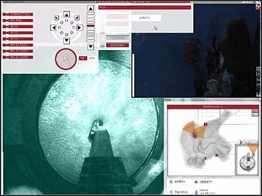Wreszcie ustaw (wciąż pozostający w centrum zatoczki) batyskaf na wprost pierwszego z zamków (na mapce oko umieszczonej na wysięgniku kamery ma być skierowane na ową symbolizującą zamek jasną kropkę, czyli na linii w lewo po skosie w górę) - 05C, 05D, 05E - Otwarcie pierwszego, drugiego i ostatniego z trzech zamków kluczy oka | Zadanie 05 - eXperience112 - poradnik do gry