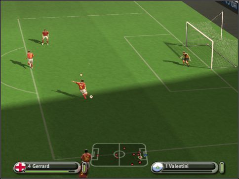 Jednokrotne naciśnięcie D sprawi, że napastnik odda strzał na bramkę z praktycznie każdej pozycji boiska (czasem odległość może być zbyt duża i piłka nie doleci) - Strzelamy | Na boisku w UEFA Euro 2008 - UEFA Euro 2008 - poradnik do gry