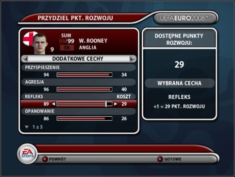 Zarządzanie zespołem - Rozwój zawodnika - możliwość przeznaczenia punktów zdobytych w trakcie gry na umiejętności piłkarzy - Rozgrywki Europejskie | Zarządzanie zespołem w UEFA Euro 2008 - UEFA Euro 2008 - poradnik do gry