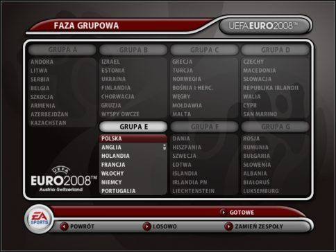 Jeżeli zdecydujemy się od razu na Mistrzostwa Europy, do wyboru będziemy mieć jedynie szesnaście drużyn - posortowanych w identyczny sposób jak w przypadku kwalifikacji, z możliwością sortowania alfabetycznego lub wedle statystyk - Tryb UEFA EURO 2008 | Wprowadzenie - UEFA Euro 2008 - poradnik do gry