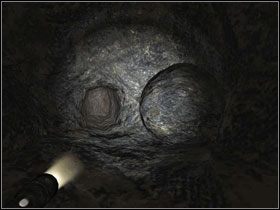 Po przejściu kilku kroków znajdziesz po lewej głaz - turlaj go, aż dotrzesz do dziury w podłożu, gdzie posłuży jako przejście #1 - Opis przejścia (cz.2) | Rozdział II | Penumbra Przebudzenie - Penumbra: Przebudzenie - poradnik do gry