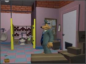 Podnieś z ziemi zmodyfikowany datownik, po czym udaj się do ubikacji i wyciągnij korek z butelki stojącej przy sedesie - Episode 4 - Chariots of The Dog (cz.2) | Sam & Max Beyond Time and Space - Sam & Max: Beyond Time and Space - poradnik do gry