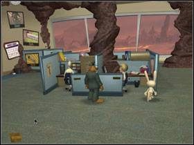 Przy kolejnych stanowiskach siedzą Hugh Bliss (zauważ listę z ocenzurowanymi słowami i magnesy) i Brady Culture (zabierz kartę dostępu z podajnika) - Episode 5 - Whats New, Beelzebub? (cz.2) | Sam & Max Beyond Time and Space - Sam & Max: Beyond Time and Space - poradnik do gry