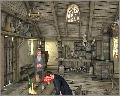 Spróbuj obejrzeć dokument, który znajduje się na lewo od właściciela tawerny (screen) - Tawerna (cz.1) | Transylwania | Dracula Początek - Dracula: Początek - poradnik do gry