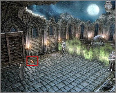 Wybierz z inwentarza zbroję i użyj jej w pokazanym na screenie miejscu, czyli niedaleko kałuży - Zamek Draculi (cz.7) | Transylwania | Dracula Początek - Dracula: Początek - poradnik do gry