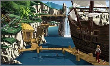 Znalazłszy się na pomoście, podziwia pływającego w zatoce rekina, po czym zachodzi do wnętrza szałasu (po lewej) - Przystań cz.1 | Rozdział pierwszy | So Blonde Blondynka w opałach - So Blonde: Blondynka w opałach - poradnik do gry