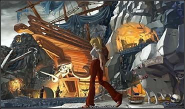 Tam zagaduje dwóch piratów, po czym przechodzi w stronę doków (kursor) i wielkiego groźnie wyglądającego psa - Cerberusa, jak głosi tabliczka nad jego legowiskiem - Galera Jednookiego | Rozdział drugi | So Blonde Blondynka w opałach - So Blonde: Blondynka w opałach - poradnik do gry