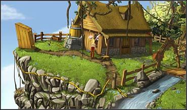 Wreszcie kieruje się do łazienki (kącik z zasłonką po lewej), gdzie okazuje się, że nie ma pojęcia, jak uruchomić prymitywny prysznic nad beczką - brak bowiem jakichkolwiek kurków czy pokręteł - Dworek burmistrza | Rozdział trzeci | So Blonde Blondynka w opałach - So Blonde: Blondynka w opałach - poradnik do gry