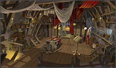 Wreszcie blondynka maszeruje rzucić okiem na ów sejf (nad opartym o ścianę obrazem po prawej) - Rynek i plaża, Opuszczony klasztor | Rozdział trzeci - So Blonde: Blondynka w opałach - poradnik do gry