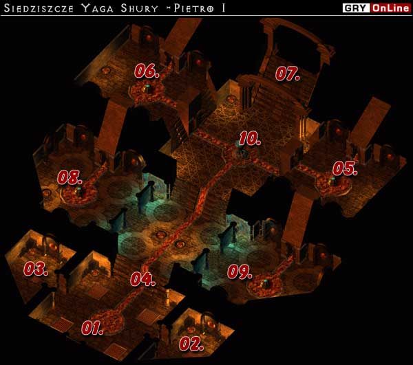 Zanim tam wejdziesz, rzuć czary chroniące przed ogniem, ponieważ podłoga usiana jest strumykami lawy, przeciwnicy parzą, a większość pułapek to ogniste kule - IX: Siedziszcze Yaga Shury - I piętro | Baldurs Gate II Tron Bhaala - Baldurs Gate II: Tron Bhaala - poradnik do gry