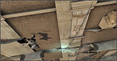 Po dotarciu na miejsce zeskocz na pokazany na screenie balkonik i przesuń się w lewo, unikając bycia zmiażdżonym przez spadające fragmenty konstrukcji - Scena 4 - Nie patrz w dół | Epizod 1 Alone in the Dark - Alone in the Dark - poradnik do gry