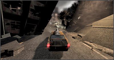 W miarę możliwości zjedź od razu w lewo, unikając zderzenia z niebieską furgonetką i omijając kolejną zawaloną konstrukcję - Scena 5 - 59 ulica | Epizod 2 Alone in the Dark - Alone in the Dark - poradnik do gry