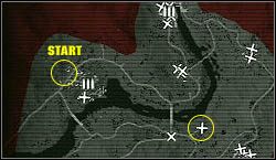 Druga leży w obozie, na północ od kontrolowanego przez wrogów skrzyżowania (krzyżyk w żółtym kółeczku) - Złoto do odnalezienia - Crash and Grab | Kampania | Battlefield Bad Company - Battlefield: Bad Company - poradnik do gry