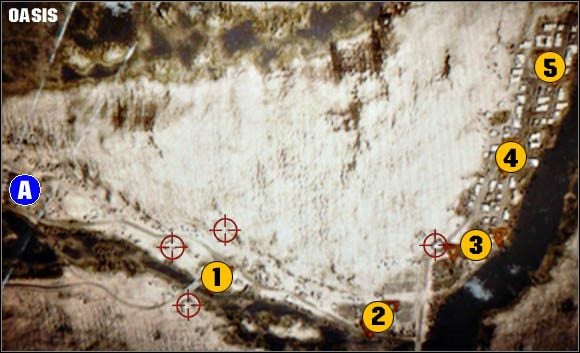 Wzdłuż głównej drogi biegnącej obok rzeki rozmieszczone są skupiska budynków, należące do stron konfliktu - Oasis | Analiza map | Battlefield Bad Company - Battlefield: Bad Company - poradnik do gry