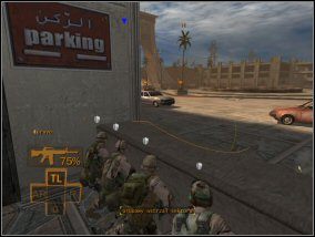 Zapisz grę koło samochodu i biegnij na południe, po czym za kwietnikami na zachód - Misja 4 | Misje w Full Spectrum Warrior - Full Spectrum Warrior - poradnik do gry