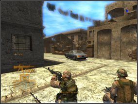 Drużyną zza kontenera biegnij na róg budynku na wprost (lub za poprzecznie ustawiony mały murek, chowając się za nim od północy), po lewej będzie kolejny wróg - Misja 5 | Misje w Full Spectrum Warrior - Full Spectrum Warrior - poradnik do gry