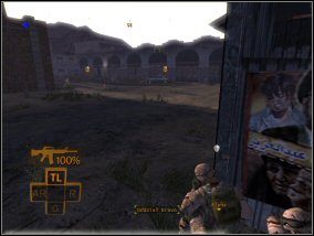 Na początku misji ukryj się za budynkami na wprost - wkrótce przez plac przechodzić będą przeciwnicy i część z nich możesz śmiało zdjąć - Misja 2 | Misje w Full Spectrum Warrior - Full Spectrum Warrior - poradnik do gry