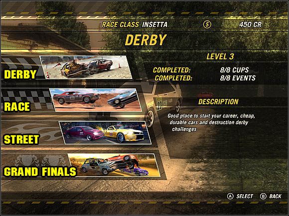 Derby - klasa, w której biorą udział samochody wyciągnięte ze złomowisk, z poprawionymi elementami pod maską i zamontowaną klatką, na wypadek, gdyby wóz dachował lub brał udział w walkach na arenach - [Tryb Flatout] Klasy, puchary, wyścigi | FlatOut Apokalipsa - FlatOut: Apokalipsa - poradnik do gry