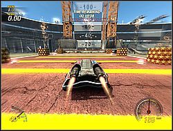 Przyciśnij klawisz odpowiedzialny za wystrzelenie kierowcy, gdy będziesz mniej więcej w połowie żółtych pasków na końcu toru - [Tryb Carnage] Wyzwania cz. 1 | FlatOut Apokalipsa - FlatOut: Apokalipsa - poradnik do gry