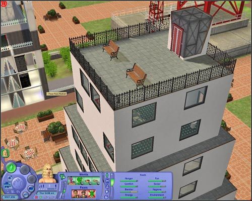 Dachy budynków zapewniają świetny widok na okolicę, dając też okazję do chwili relaksu. - [Otoczenie] Parcele publiczne - Najciekawsze parcele publiczne - The Sims 2: Osiedlowe życie - oficjalny polski poradnik - poradnik do gry