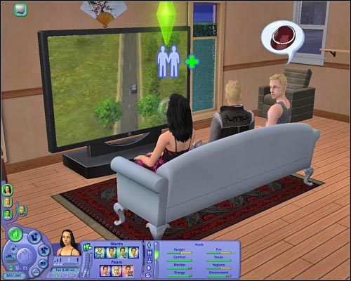 Przed ogromnym telewizorem najlepiej umieścić kanapę na trzy osoby. - [Przedmioty] Przedmioty codziennego użytku - Rozrywka - The Sims 2: Osiedlowe życie - oficjalny polski poradnik - poradnik do gry