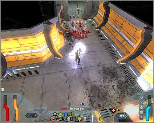 Przy zachodniej ścianie pomieszczenia natrafisz na kolejne trzy boty - Transit Center - Questy (cz.2) | Poziom 10 w Space Siege - Space Siege - poradnik do gry