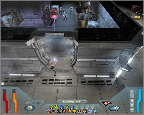 Po zauważeniu nadbiegających cyborgów wycofaj się troszeczkę i detonuj kolejne wybuchowe obiekty, dzięki czemu zabijesz wszystkich przeciwników - Officers Quarters - Questy (cz.1) | Poziom 18 w Space Siege - Space Siege - poradnik do gry