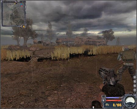 Przeciwnicy powinni kryć się zarówno wewnątrz głównych budynków, jak i krążyć wokół zaparkowanych tu pojazdów - Questy (cz.5) | Bagna | Stalker Czyste Niebo - S.T.A.L.K.E.R.: Czyste Niebo - poradnik do gry