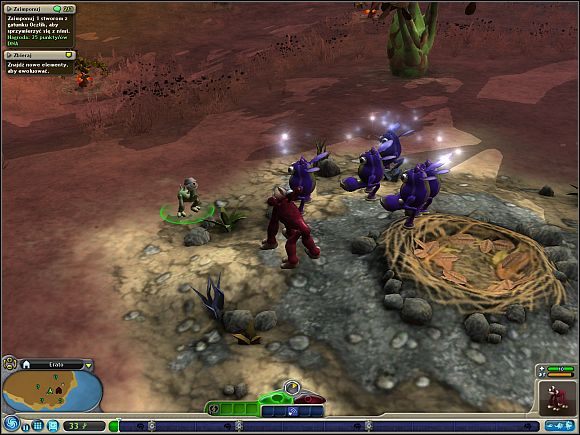 Żeby zaprzyjaźnić się z całym gatunkiem, trzeba przeważnie zaimponować około 3-4 jego osobnikom (liczba ta jest zawsze podana w lewym górnym rogu ekranu) - Zawieranie przyjaźni | Faza stwora | Spore - Spore - poradnik do gry