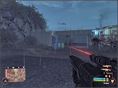 Podejdź teraz do pokazanej na screenie dziury i z tego miejsca oddaj kilka strzałów w stronę egzoskafandra - Zniszczenie egzoskafandra | Misja 7 | Crysis Warhead - Crysis: Warhead - poradnik do gry